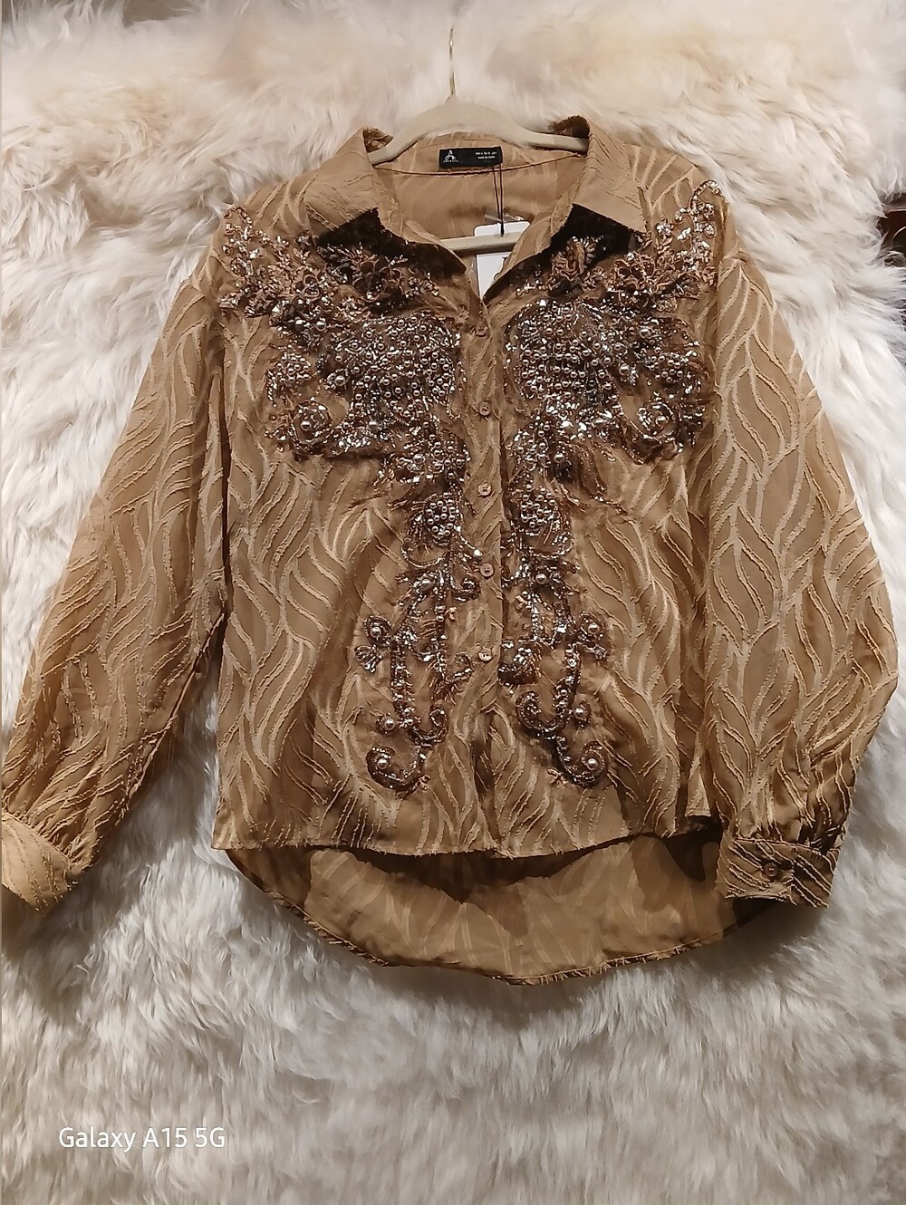 Embellished Tan Button-Down Blouse with Sequin Detail